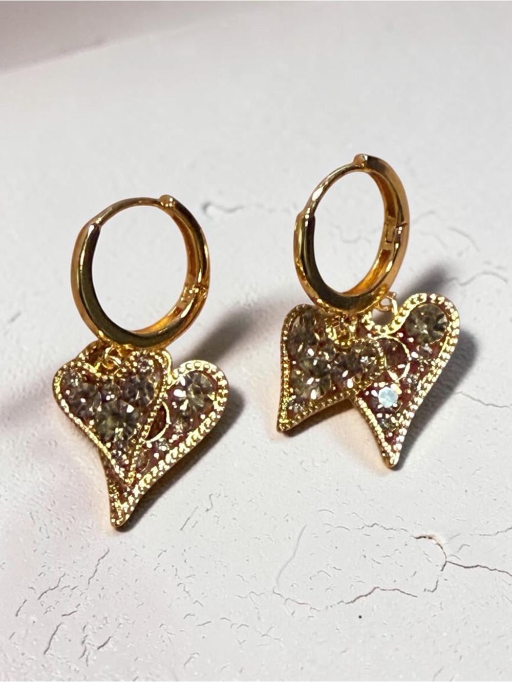14k Gold Plated Heart Crystal Drop Earrings - Women Jewelry